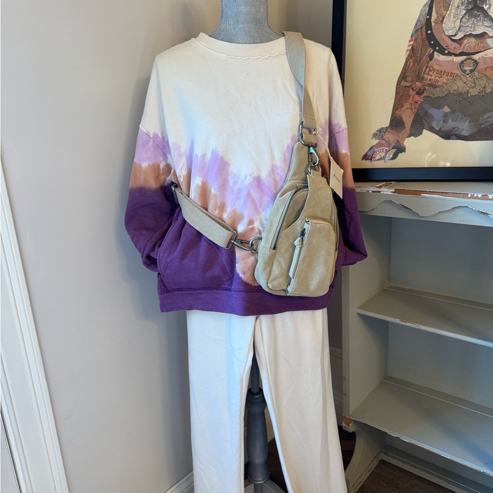 Purple and Cream Tie-Dye Sweatshirt with Beige Crossbody Bag